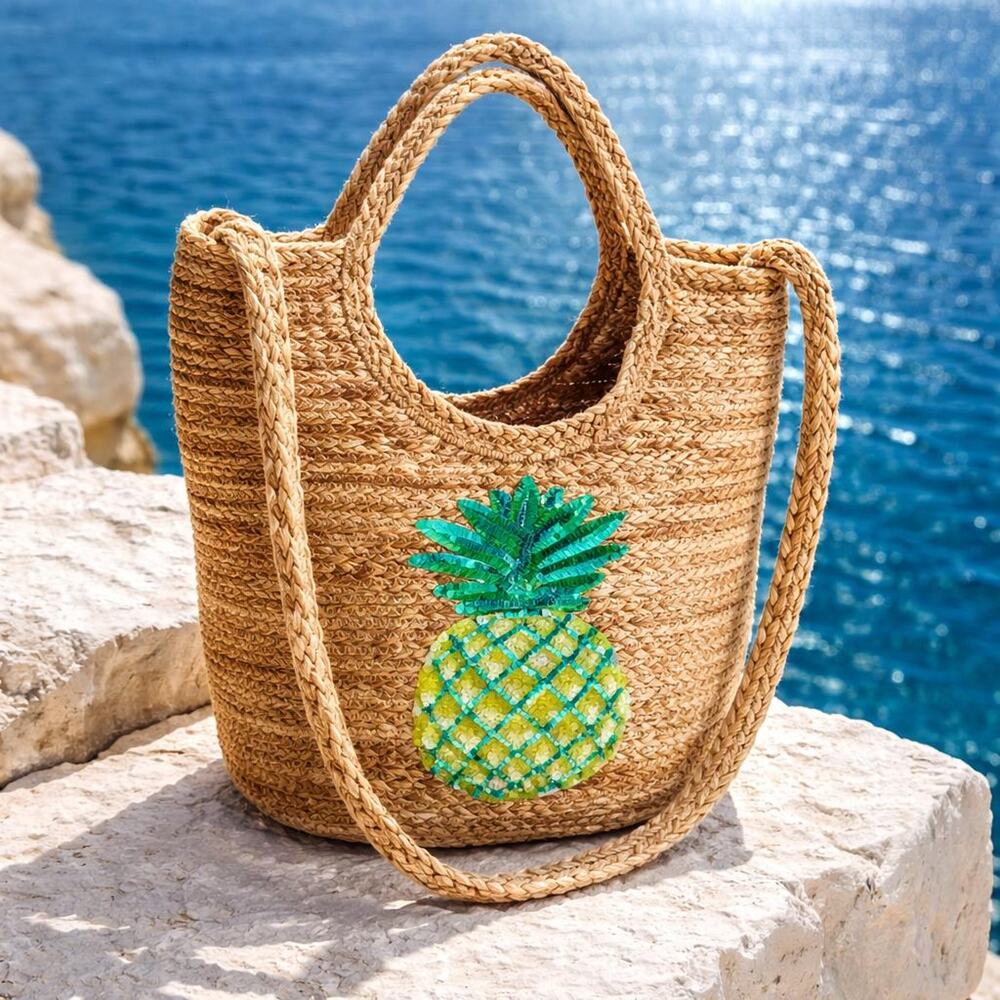Summer Beach Woven 100% Jute Boho Tote Bag Pineapple Design Boho Coastal Bag